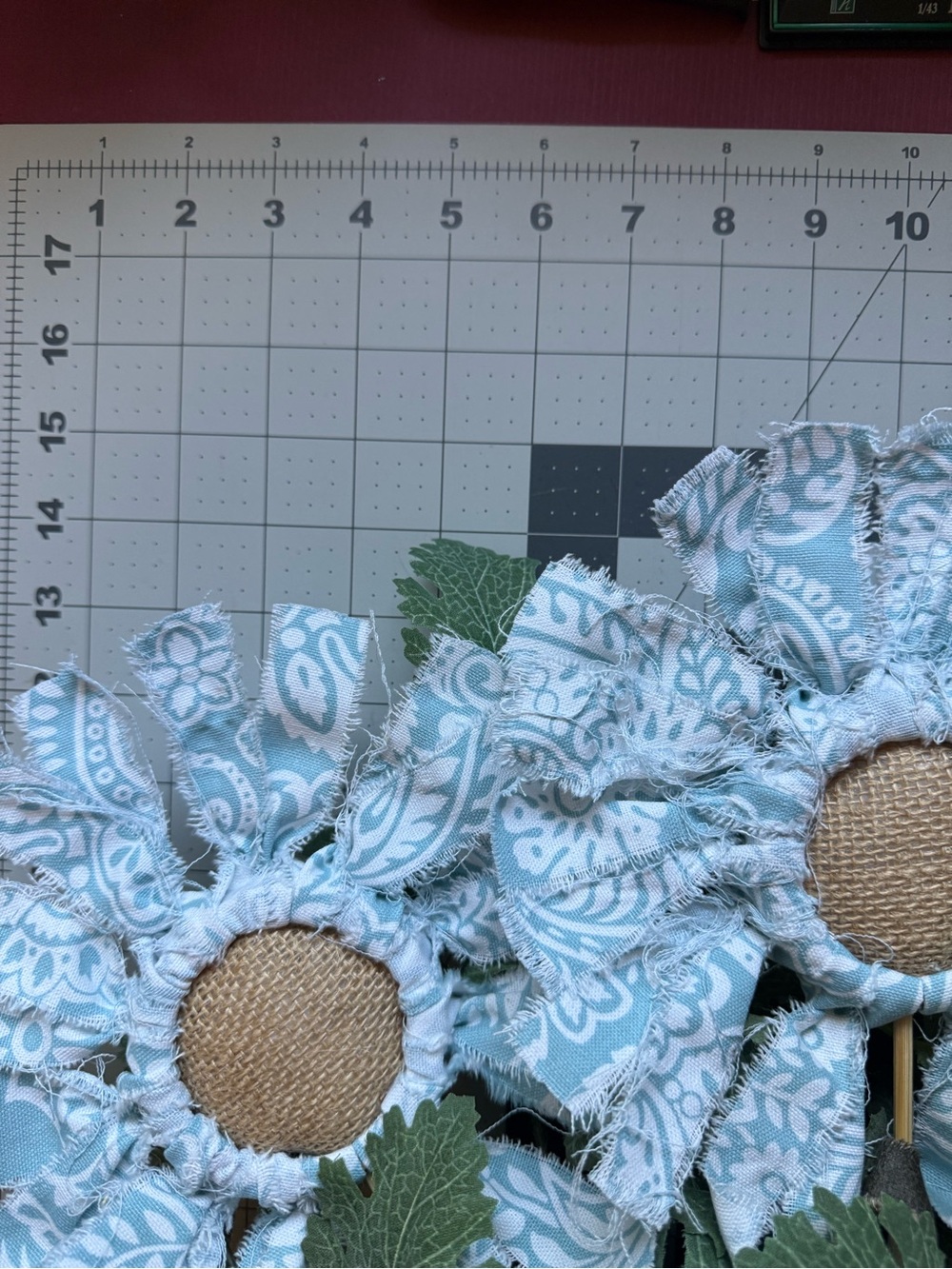 Blue Paisley Fabric Sunflower Arrangement in Wood Planter - Picture 9 of 11